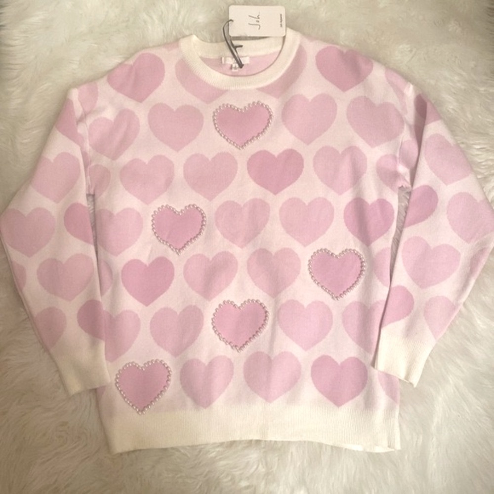 JOH Pink Women's White Pearl Heart Shaped Round Neck Sweater Soft L/S Small NEW